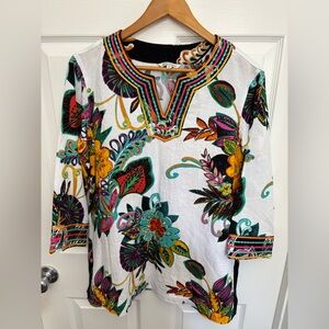 Embroidered White ResortWear Vacation Tunic with Multicolor Floral Embroidery, M